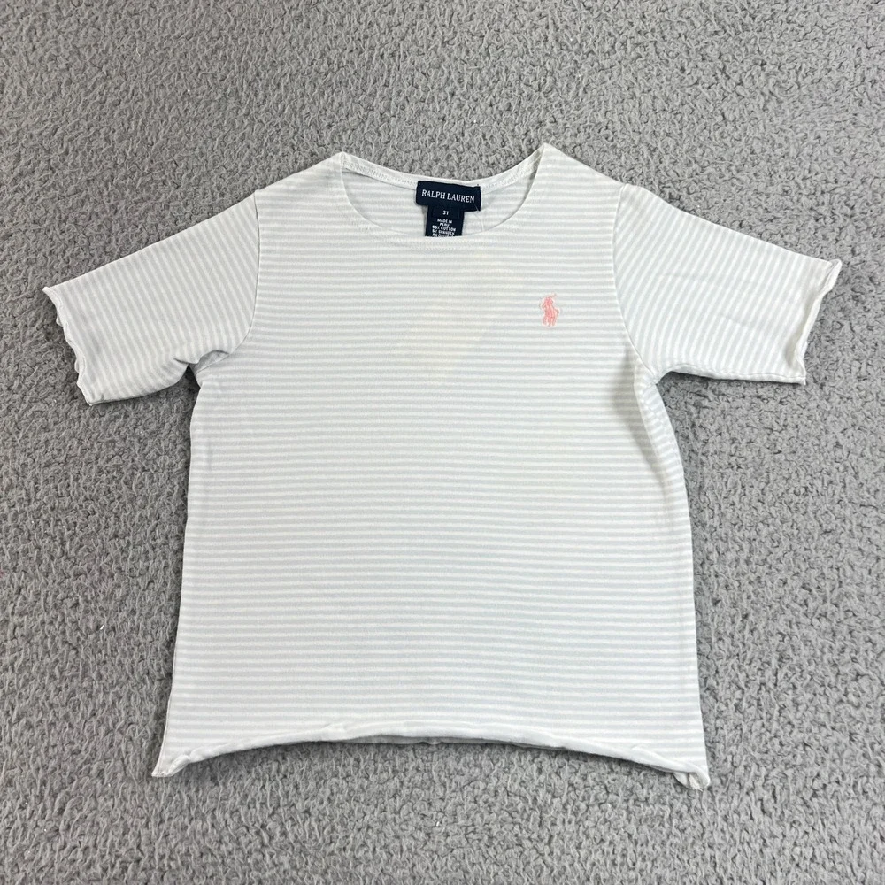 Ralph Lauren Striped T-Shirt‎ Girls 3T Light Blue White Lettuce Trim Logo Tee